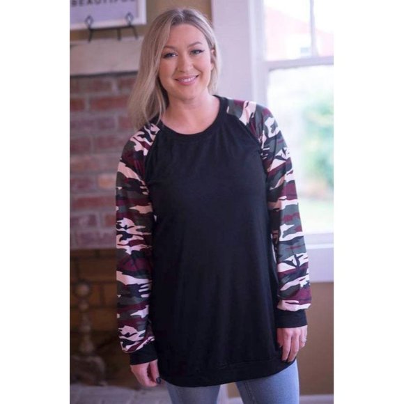 Shirley & Stone Tops - Shirley & Stone Camo Raglan Top, Black